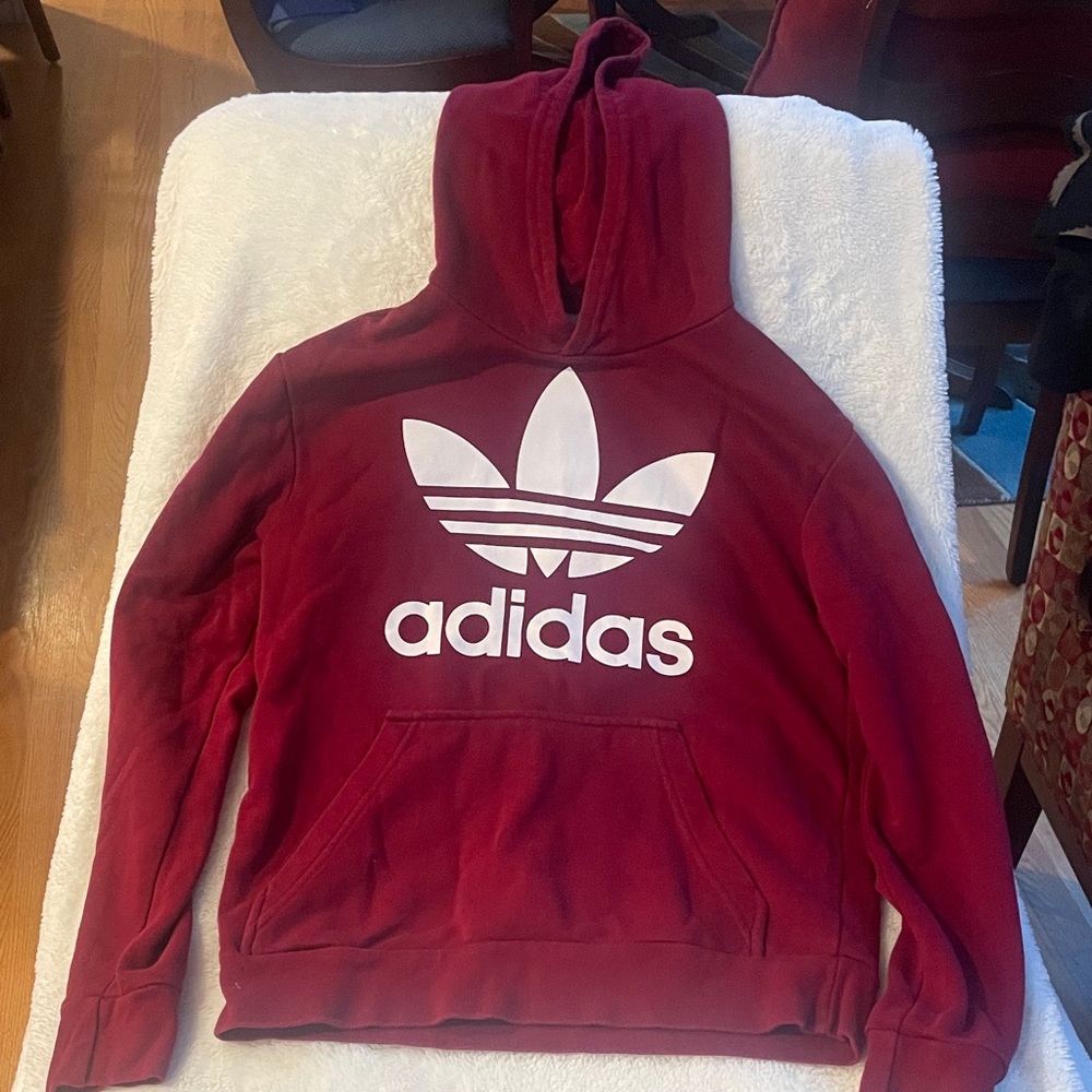 Adidas Pullover Hoodie with White Trefoil Logo. Burgundy. Size XS?/Youth L. EUC